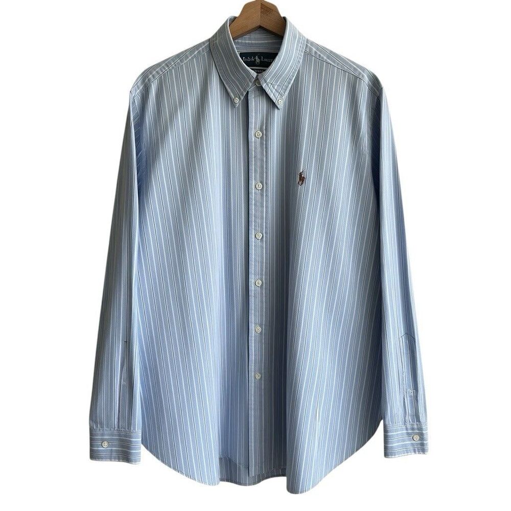 Vintage Ralph Lauren Shirt Mens Sz L Blue White Striped Long Sleeve Classic Fit